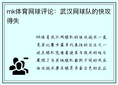 mk体育网球评论：武汉网球队的快攻得失
